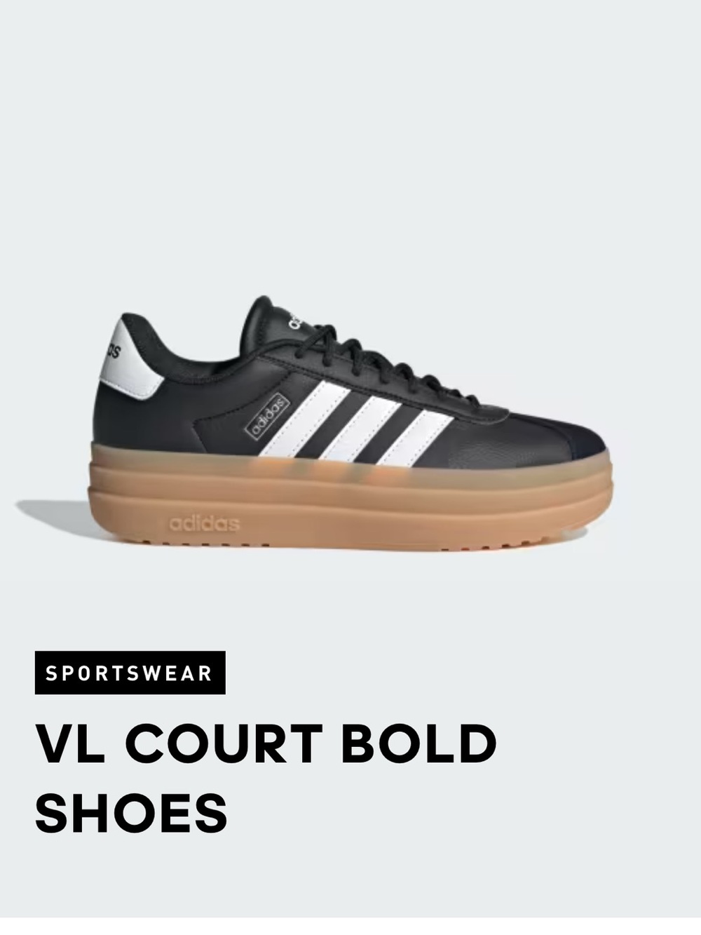 ADIDAS VL Court Bold Sneakers in Black, White & Gum size 8